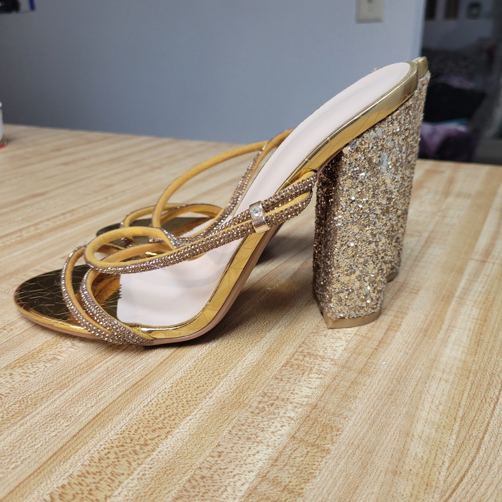 Gold Glitter Block Heel Slide Sandals - Read Description!